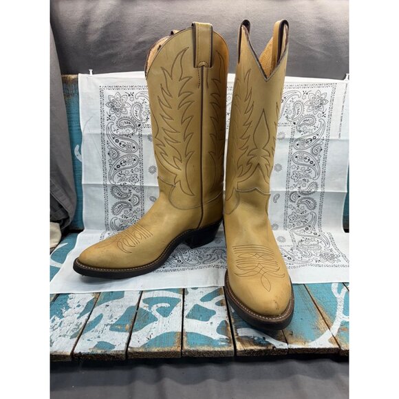 Vtg Justin Mule Hide Tan Western Work Cowboy Boots Mens 7.5D USA Made Cushioned - Picture 2 of 11